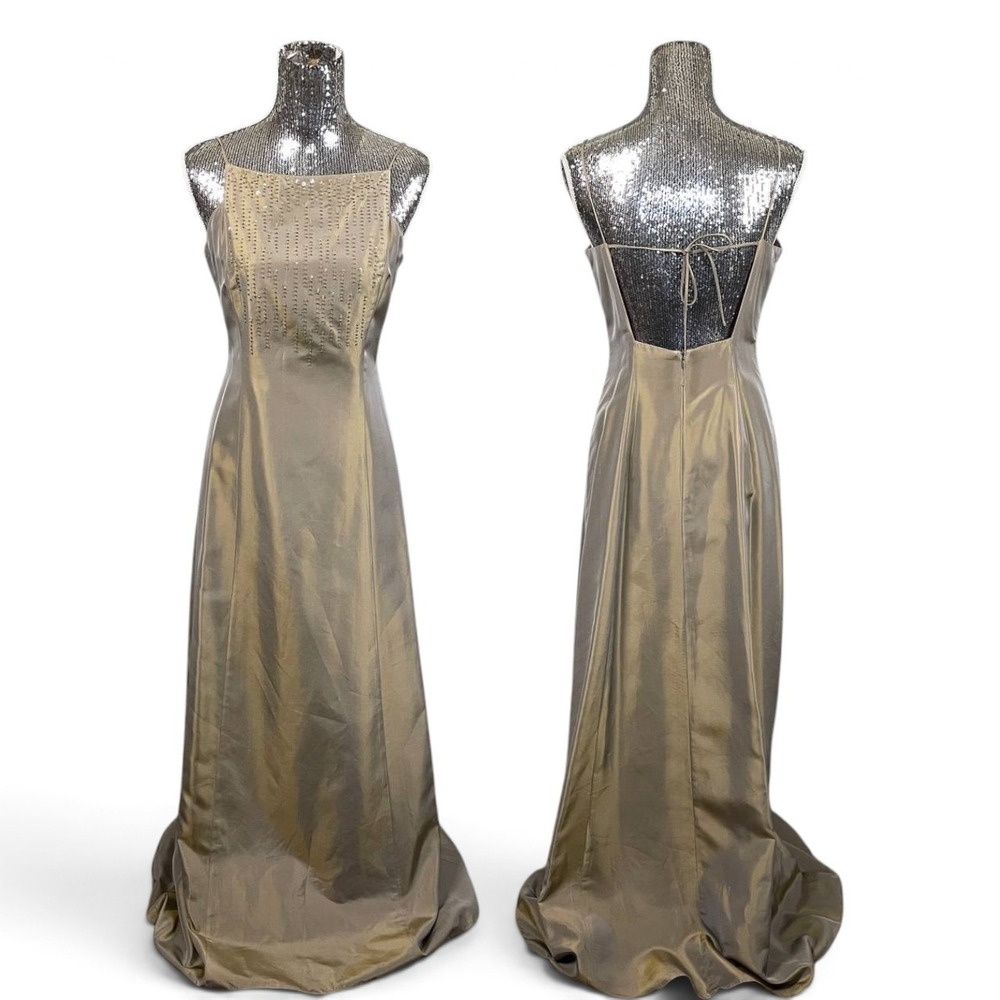 Vintage Laundry by Shelli Segal Gold Sequin Spaghetti Strap Maxi Gown 90s Size 8